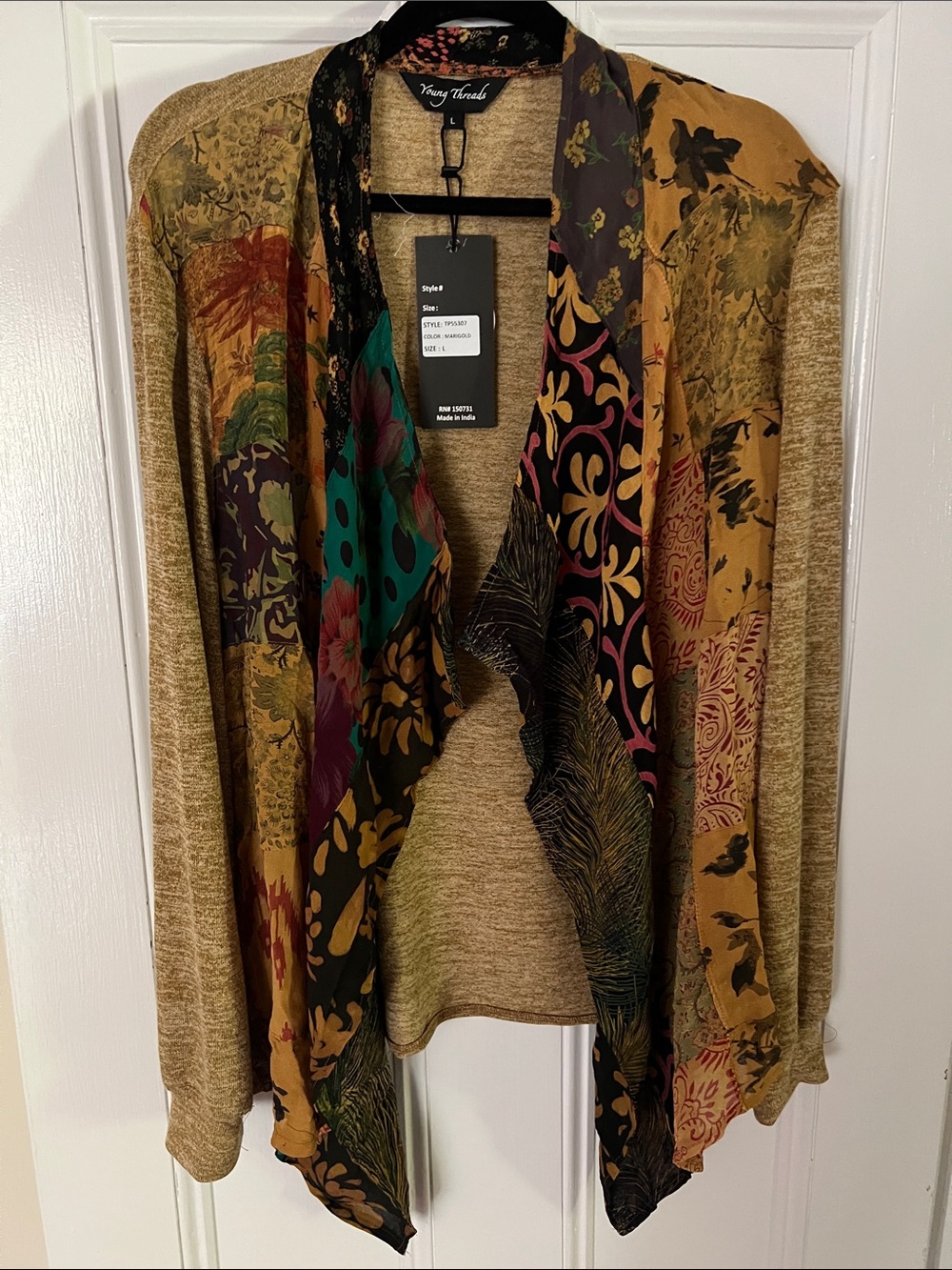 New - Young Threads Multicolor Patchwork Draped Knit and woven Jkt